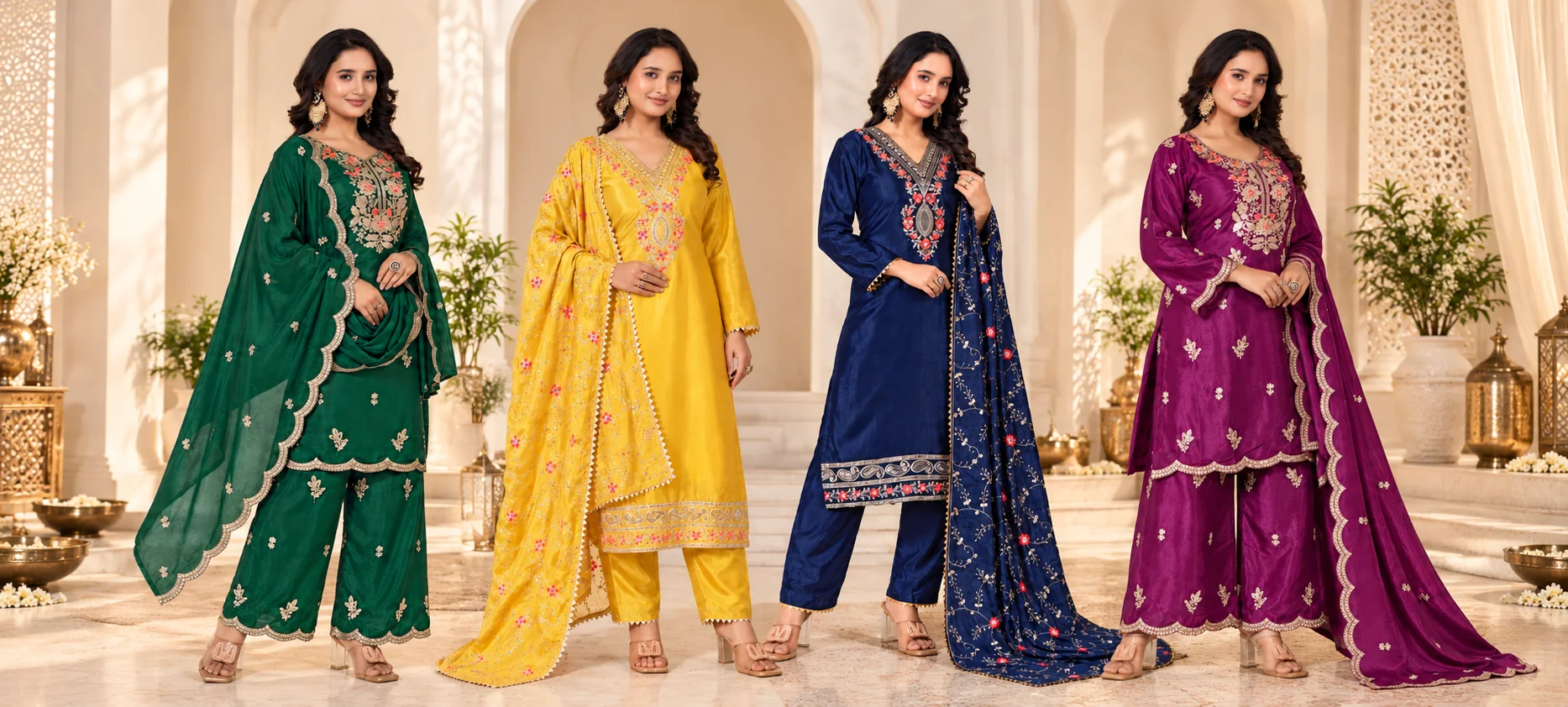 Women's embroidered ethnic wear in lavender, teal, maroon and royal blue